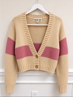 Malibu Cream and Pink Oversized V-Neck Cardigan